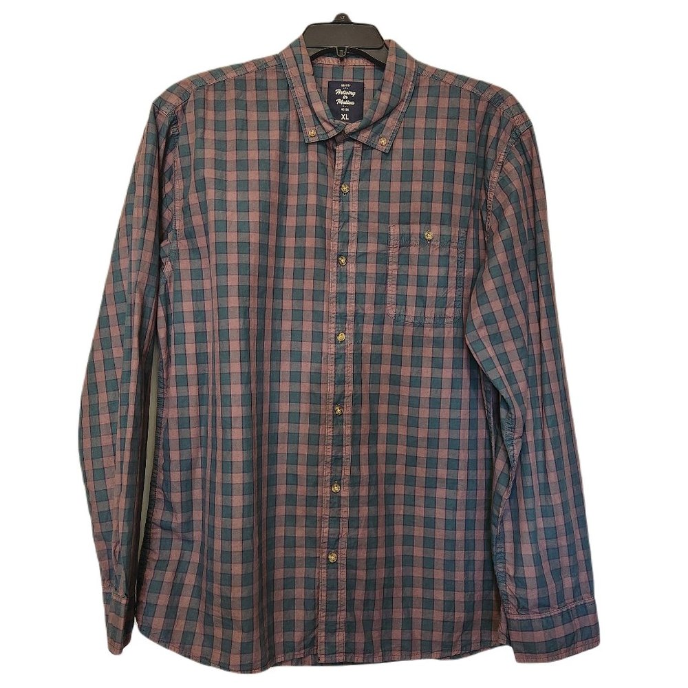 Artistry in Motion Mens Button Up Shirt XL Mauve and Green Plaid Cotton Slim Fit